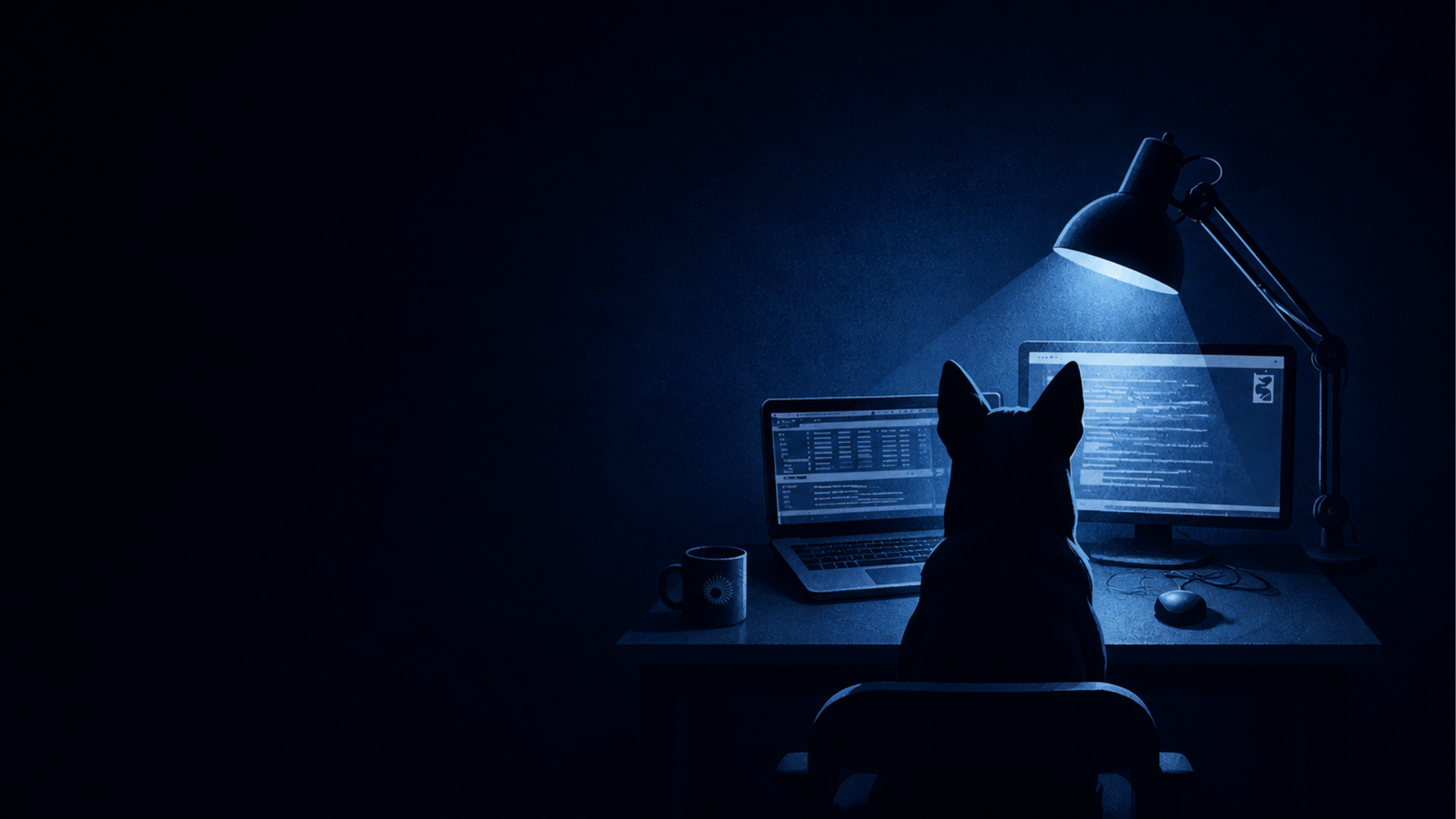 A vigilant dog sits at a workstation in a quiet dim room, watching the screens late at night.
