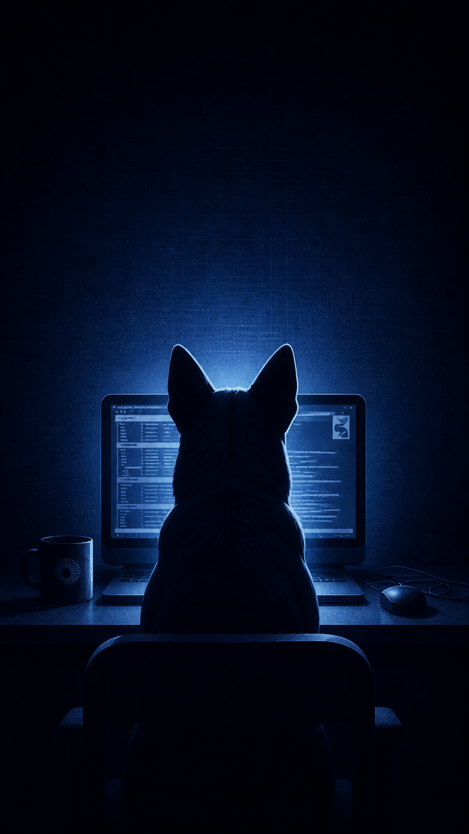 A vigilant dog sits at a workstation in a quiet dim room, watching the screens late at night.